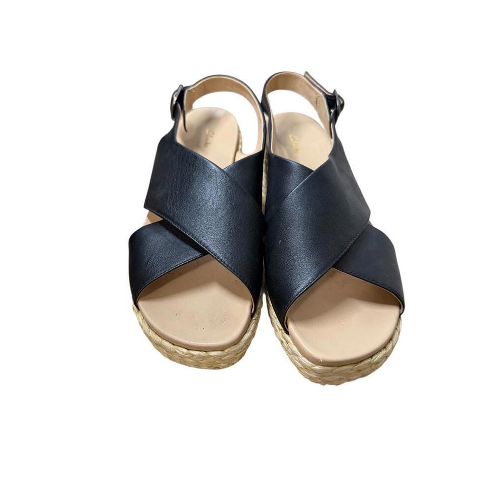 Clarks Kimmei Espadrilles Wedge Sandal Size 10 Black Leather Cross Wide Strap - Picture 4 of 5